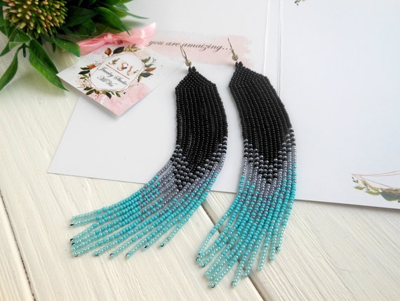 Cluster Bead Earrings Black Gray Hand Beaded Earrings Long Bead Earring Seed Bead Earring Handmade Native Beade Earring Extra Long Earring Etsy Canada