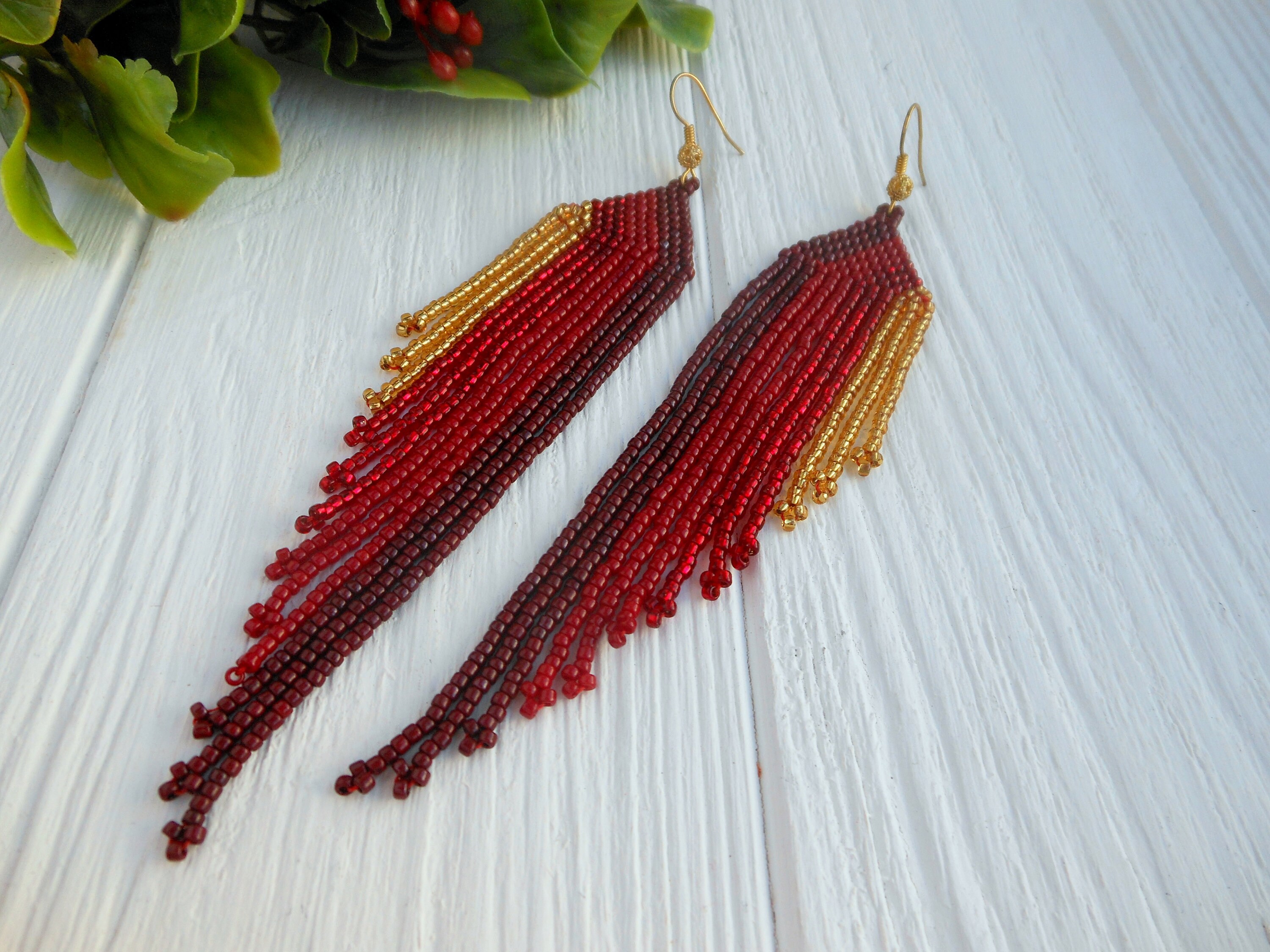Long Fringe Red Beaded Earrings Boho Bead Earrings Graduation | Etsy