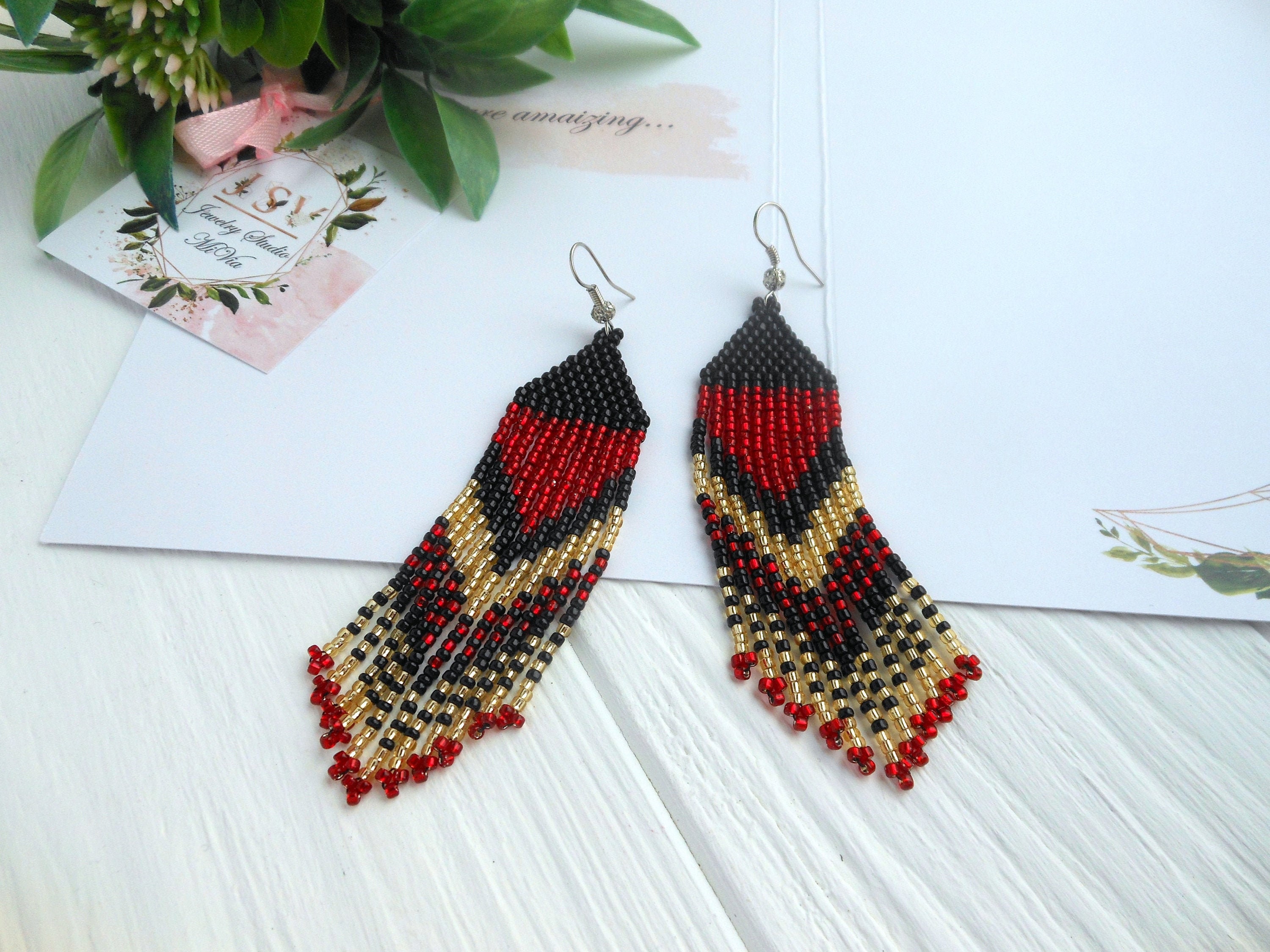 Red fringe earrings beaded jewelry for women, Seed beaded earrings dangle, christmas gift for mom