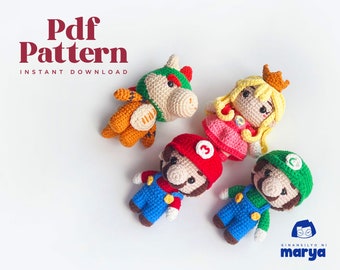 May include: Crochet amigurumi patterns for Mario, Luigi, Peach, and a character from the Super Mario Bros. video game. The PDF pattern is for instant download.  The text "Pdf Pattern Instant Download" is at the top of the image.