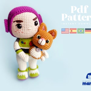 Crochet Doll Amigurumi Pattern Space Ranger and cat, PDF Pattern, English, Espanol, Portuguese, Italian, Dutch