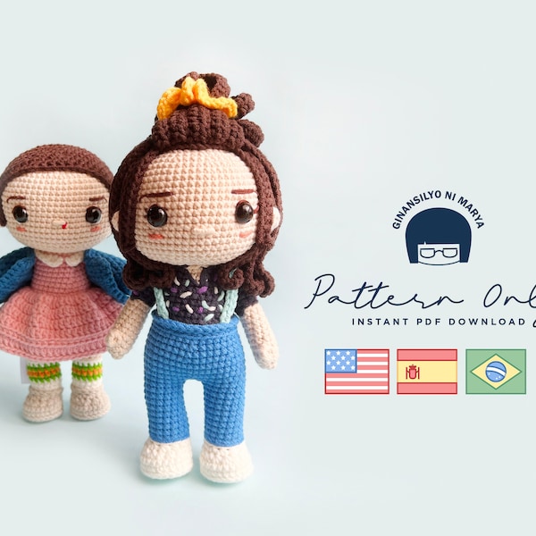 Crochet Doll Amigurumi Pattern  Eleven, PDF Pattern, English, Spanish, Portuguese