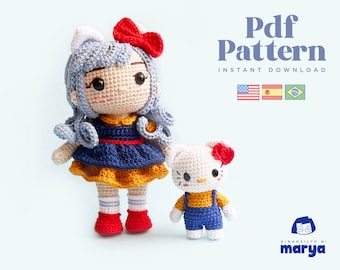 Crochet Doll Amigurumi Pattern Kitty Kat, PDF Pattern, English, Spanish and Portuguese