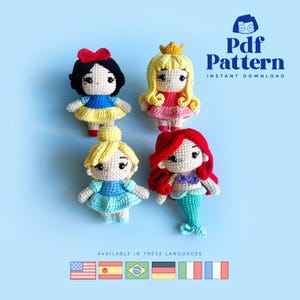 Schema per bambola all'uncinetto Amigurumi Principessa delle fiabe, schema PDF, inglese, spagnolo, portoghese, tedesco, francese e italiano