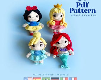 Patroon gehaakte pop amigurumi Fairytale Princess, pdf-patroon, Engels, Spaans, Portugees, Duits, Frans en Italiaans