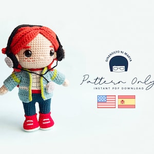 May include: Crochet amigurumi pattern for a red-haired character wearing a blue jacket, headphones, and jeans. The pattern is available for instant download as a PDF. The image also includes the text "Pattern Only" and "Instant PDF Download".