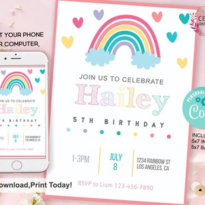 Carte d’anniversaire arc-en-ciel, Invitation, anniversaire d’enfants, Fête d’anniversaire, Joyeux jour de naissance, anniversaire de bébé, bday girl boy, Inviter, téléchargement instantané