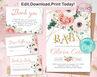 EDITABLE Invitation Floral Baby Shower Invitation Set, It's a girl Package Invite Template, Pack book for baby, Raffle, Thank you card, MCI3