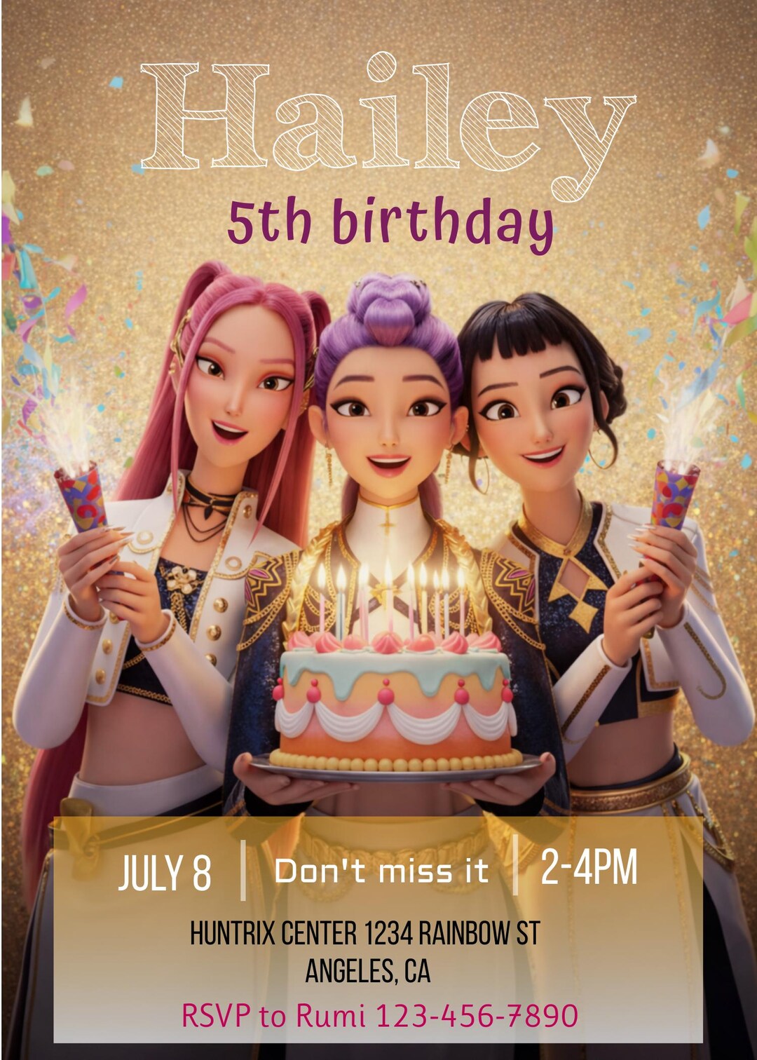 Huntrix Birth Day, K-pop Demon Hunters Birthday Invitation , Kids ...