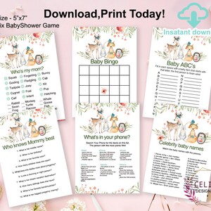 May include: Six printable baby shower game cards featuring a woodland theme with a fox, deer, and bunny. The games include "Who's My Mom?", "Baby Bingo", "Baby ABC's", "Who Knows Mommy Best", "What's in Your Phone?", and "Celebrity Baby Names".