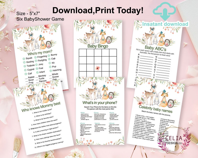 Puede incluir: Seis tarjetas de juego de baby shower imprimibles con un tema de bosque con un zorro, un ciervo y un conejo. Los juegos incluyen "&iquest;Qui&eacute;n es mi mam&aacute;?", "Baby Bingo", "Baby ABC", "&iquest;Qui&eacute;n conoce mejor a mam&aacute;?", "&iquest;Qu&eacute; hay en tu tel&eacute;fono?" y "Nombres de beb&eacute;s famosos".