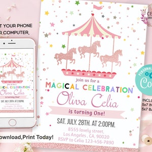 May include: A pink and white carousel with pink glitter horses, stars, and confetti. The text "Magical Celebration Oliva Celia is turning One!" is on the invitation. The date and time of the event are "Sat. July 28th at 2:00pm". The address is "8555 lovely street, Los Angeles, CA, 90020". The RSVP number is "123-456-7890".