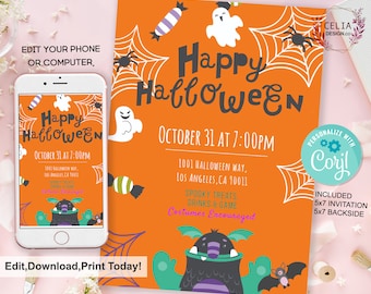May include: An orange Halloween party invitation template featuring a black monster, white ghosts, spiders, webs, and candy graphics. The text reads Happy Halloween, October 31 at 7:00PM, 1001 Halloween Way, Los Angeles, CA 90011, Spooky Treats, Drinks & Game, Costumes Encouraged.