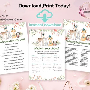 Puede incluir: Seis tarjetas de juego de baby shower imprimibles con un tema de bosque y lindas ilustraciones de animales. Los juegos incluyen "&iquest;Qui&eacute;n conoce mejor a mam&aacute;?", "&iquest;Qu&eacute; hay en tu tel&eacute;fono?" y "Nombres de beb&eacute;s famosos".