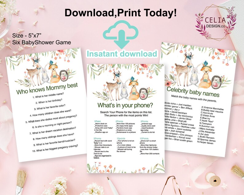 Puede incluir: Seis tarjetas de juego de baby shower imprimibles con un tema de bosque y lindas ilustraciones de animales. Los juegos incluyen "&iquest;Qui&eacute;n conoce mejor a mam&aacute;?", "&iquest;Qu&eacute; hay en tu tel&eacute;fono?" y "Nombres de beb&eacute;s famosos".