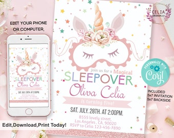 Invitación de cumpleaños de pijamas editable, invitación de unicornio, plantilla de sueño sobre, descarga instantánea, unicornio colorido, sueño, niña del día del nacimiento