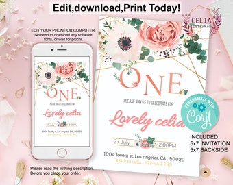 Editable 1st Boy Birthday Invitation, Printable, First Birthday Invite, Flower Template, Instant download, baby boy invitation, Print, MCI3