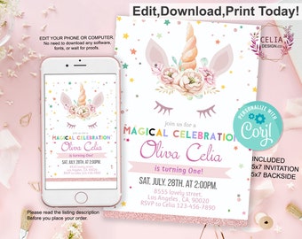 Editable Unicorn Invitation Unicorn Party, Unicorn Birthday Invitations, Magical Unicorn Invite, Girl gold Template Digital Instant Download