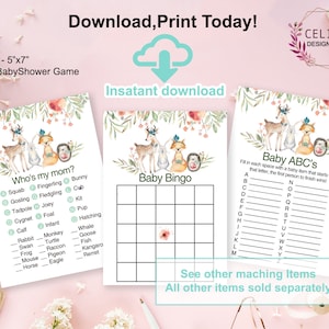 Puede incluir: Cartas de juego de baby shower imprimibles con un tema de bosque. Las cartas presentan un zorro, un ciervo y un conejo con acentos florales. Los juegos incluyen "&iquest;Qui&eacute;n es mi mam&aacute;?" y "Baby Bingo".