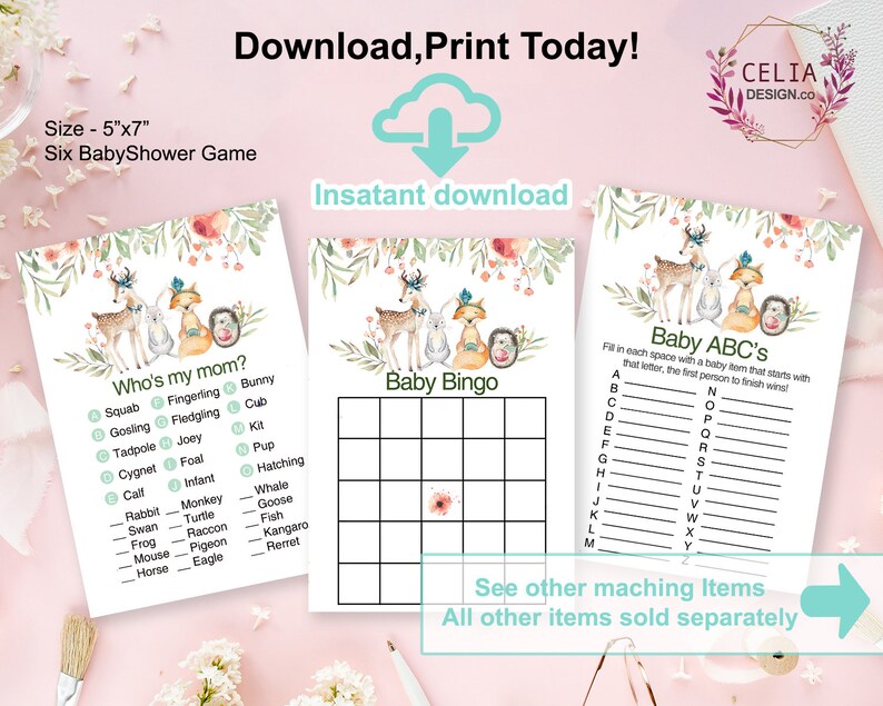 Puede incluir: Cartas de juego de baby shower imprimibles con un tema de bosque. Las cartas presentan un zorro, un ciervo y un conejo con acentos florales. Los juegos incluyen "&iquest;Qui&eacute;n es mi mam&aacute;?" y "Baby Bingo".