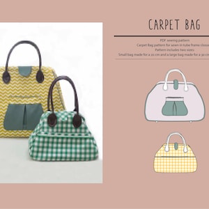 Könnte beinhalten: Ein PDF-Schnittmuster für eine Teppichtasche in zwei Größen: eine kleine Tasche für einen 20 cm Rahmenverschluss und eine große Tasche für einen 30 cm Rahmenverschluss. Das Schnittmuster enthält Anweisungen zum Nähen von Rahmenverschlüssen mit Schlauch. Das Bild zeigt zwei Taschen, eine gelbe mit Chevron-Muster und eine grüne mit Karomuster.