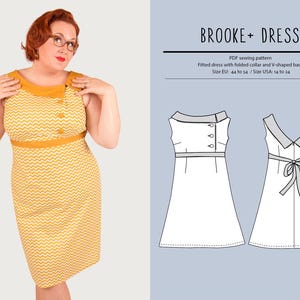 Könnte beinhalten: Ein Schnittmuster für ein figurbetontes Kleid mit einem gefalteten Kragen und einem V-förmigen Rücken. Das Schnittmuster heißt "Brooke Dress" und ist in den Größen EU 44 bis 54 erhältlich.