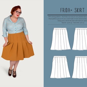 May include: A sewing pattern for a pleated skirt called "Frida". The pattern includes instructions for adding pockets, lining, and piping. The pattern is available in sizes 14 to 24 (US) or 44 to 54 (EU).
