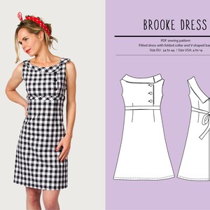 Könnte beinhalten: Ein schwarz-weißes Gingham-Kleid mit einem umgeklappten Kragen und einem V-förmigen Rücken. Das Kleid ist ärmellos und hat eine figurbetonte Silhouette. Das Muster enthält den Text "BROOKE DRESS" und "PDF sewing pattern".