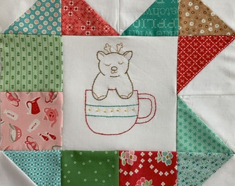 Teacup Critters Block of the Month ~ Block 9 ~ Cute ~ Little Reindeer~ Christmas ~ Teacup ~ Embroidery ~ Stitchery