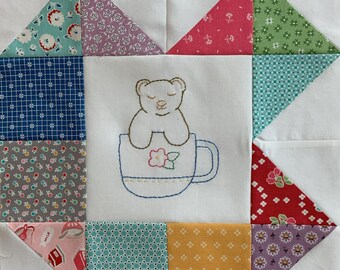Teacup Critters Block of the Month ~ Block 3 ~ Cute ~ Bear ~ Teacup ~ Embroidery ~ Stitchery