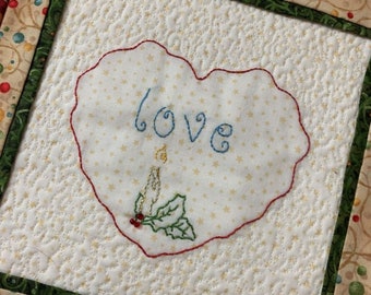 Christmas Heart Wall Hanging with Embroidery, Patchwork and Quilting