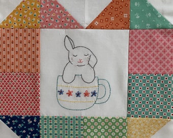 Teacup Critters Block of the Month ~ Block 2 ~ Cute ~ Bunny Rabbit ~ Teacup ~ Embroidery ~ Stitchery