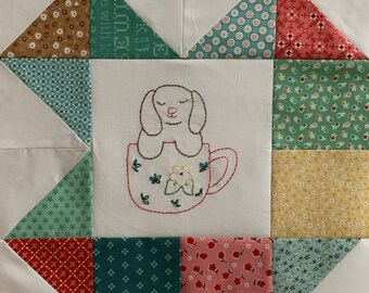 Teacup Critters Block of the Month ~ Block 1 ~ Cute ~ Puppy~ Teacup ~ Embroidery ~ Stitchery
