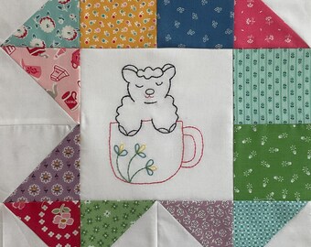 Teacup Critters Block of the Month ~ Block 7 ~ Cute ~ Sheep ~ Teacup ~ Embroidery ~ Stitchery
