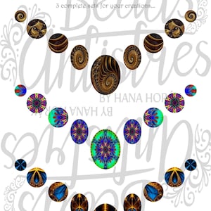 May include: A collection of twenty-one circular and oval cabochons arranged in three distinct sets. The top set features brown and gold spiral patterns, the middle set displays vibrant purple and teal mandalas, and the bottom set shows blue and gold symmetrical designs. The text Beads Antistres by Hana Horák is visible.