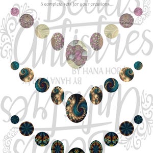 May include: A collection of circular and oval cabochons featuring fractal patterns in shades of pink, beige, teal, and dark blue. The text Beads Antistres by Hana Horak and 3 complete sets for your creations are visible on the white background.
