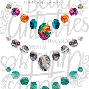 May include: A collection of circular and oval cabochons featuring three distinct patterns: vibrant alcohol ink swirls in pink, orange, and teal; marble-like gray, blue, and gold veins; and green malachite-style textures. Text reads Beads Antistres.
