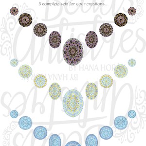 May include: Three sets of circular and oval cabochons featuring intricate mandala patterns in purple, yellow, and blue color palettes. The text Beads Antistres by Hana Horak and 3 complete sets for your creations are visible on the white background.