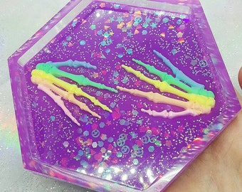 Purple holographic glitter and rainbow skeleton hand trinket tray