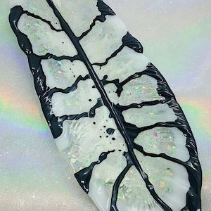 white, holo, black drippy print Resin feather trinket tray