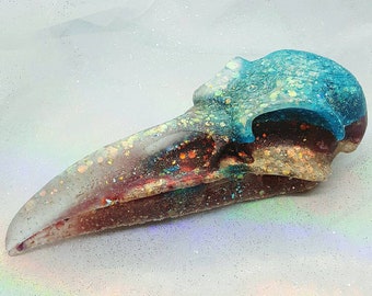 Gold, Burgundy, and blue multi layered chunky holo glitter Resin Raven skull / Taxidermy bird decor