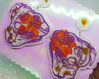 Orange, purple and yellow Pressed real flower and holo glitter iguana shape resin earrings