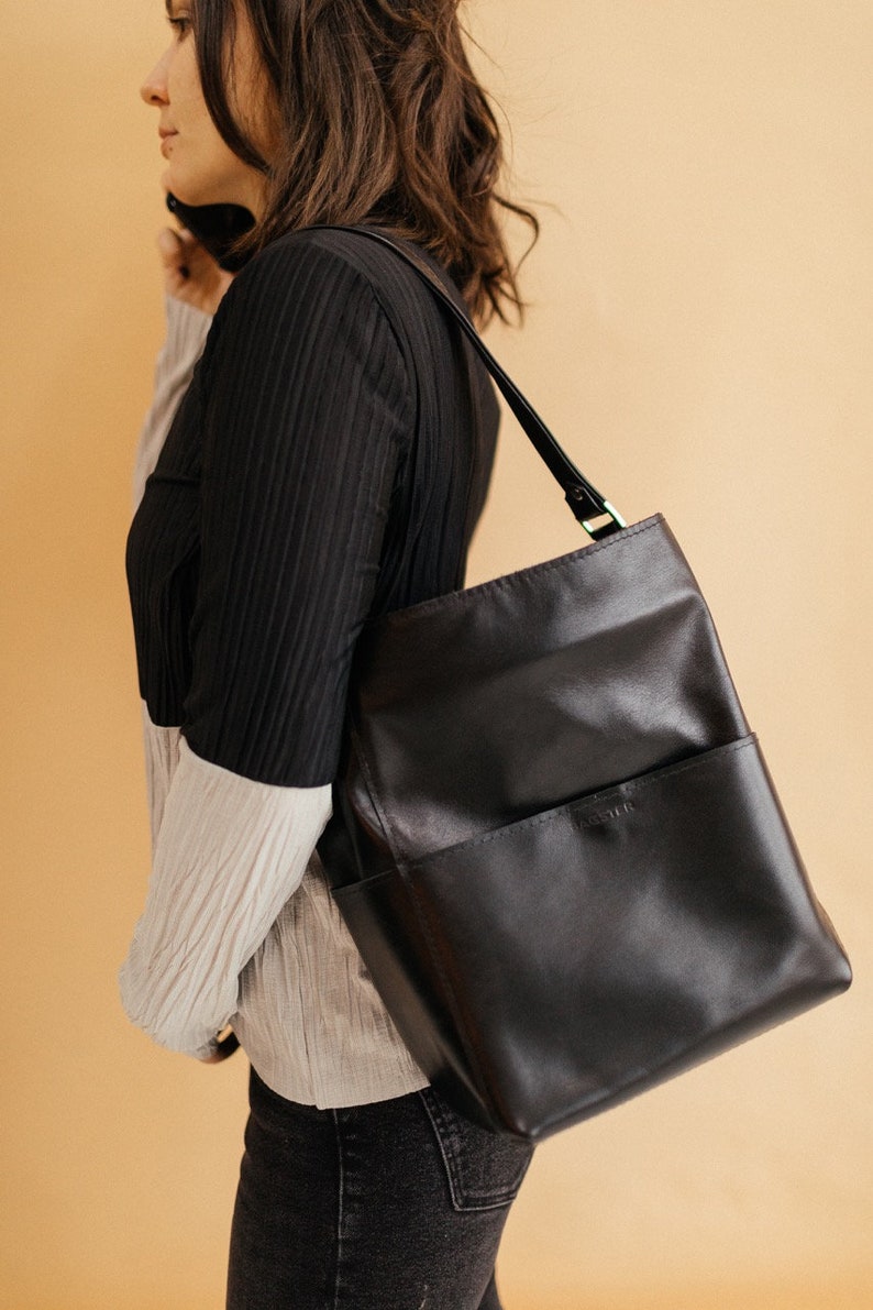 Leather Tote Zipper/ Leather Shoulder Handbag / Black Shopper - Etsy