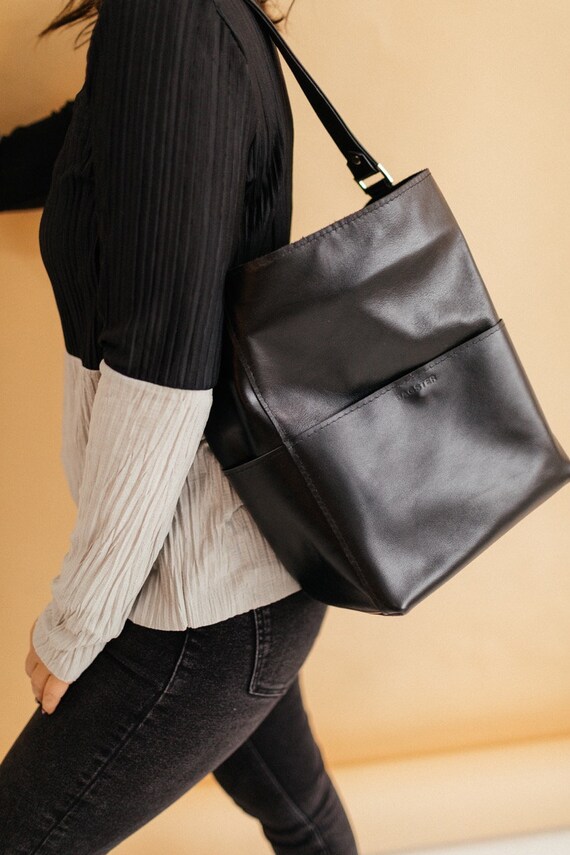Leather Tote Zipper/ Leather Shoulder Handbag / Black Shopper Etsy