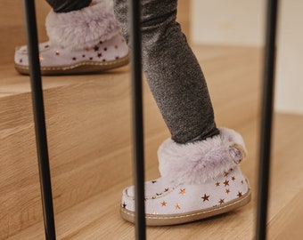 Kids Sheepskin Booties, Lilac Fluffy Slippers, Children House Shoes, Size 31-35