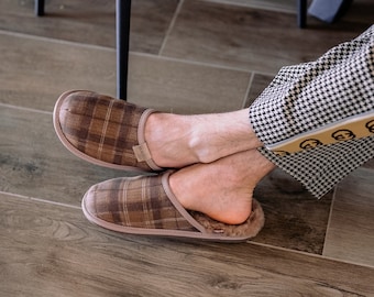 Men's Checkered Sheepskin Slippers, Slip on Tartan Pattern Home Shoes