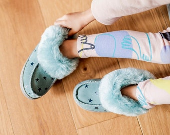 Kids sheepskin booties, Turquoise star print baby slippers, Children's fluffy house shoes, Size 26-35