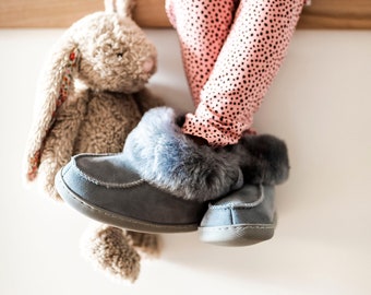 Kids Sheepskin Booties, Grey Fluffy Slippers, Fur Warm House Shoes, Size 31-35