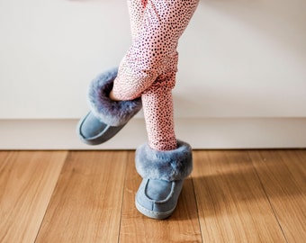 Kids Sheepskin Booties, Grey Warm Slippers, Fur House Shoes, Size 26-30