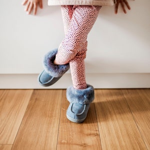 Kids Sheepskin Booties, Grey Warm Slippers, Fur House Shoes, Size 26-30